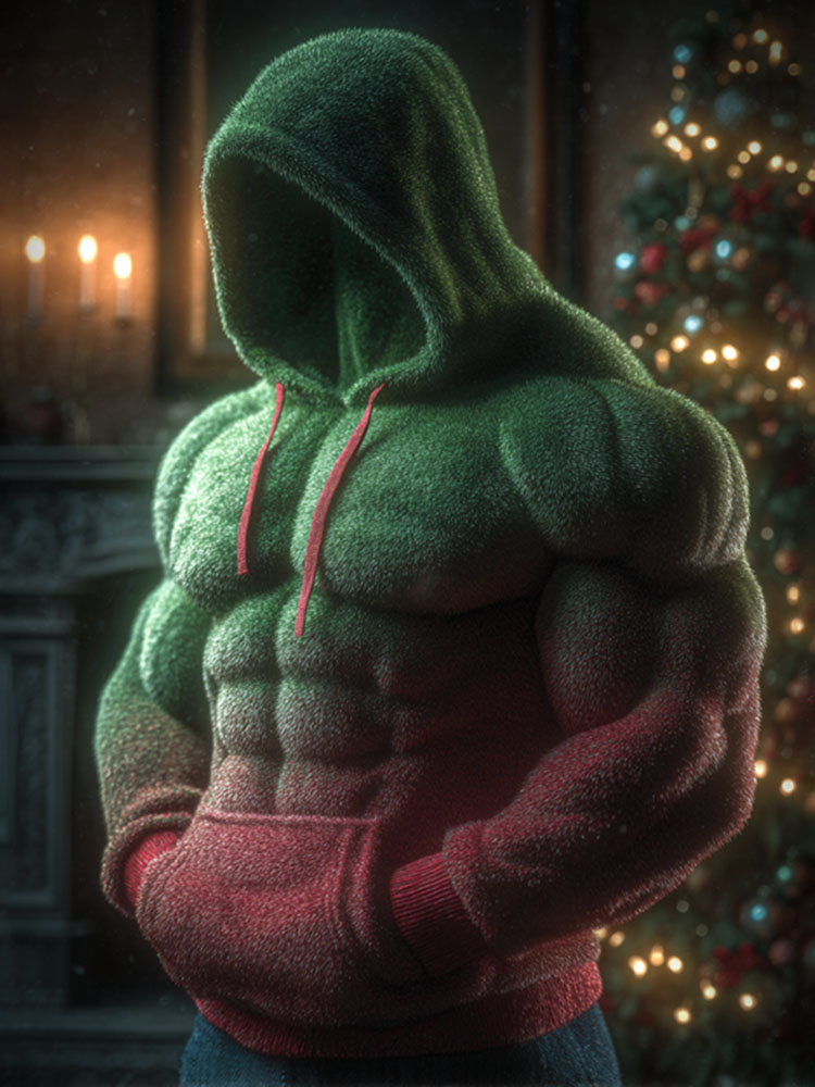 Christmas Santa Patchwork Plush Men's Hooded Flannel Sweatshirt