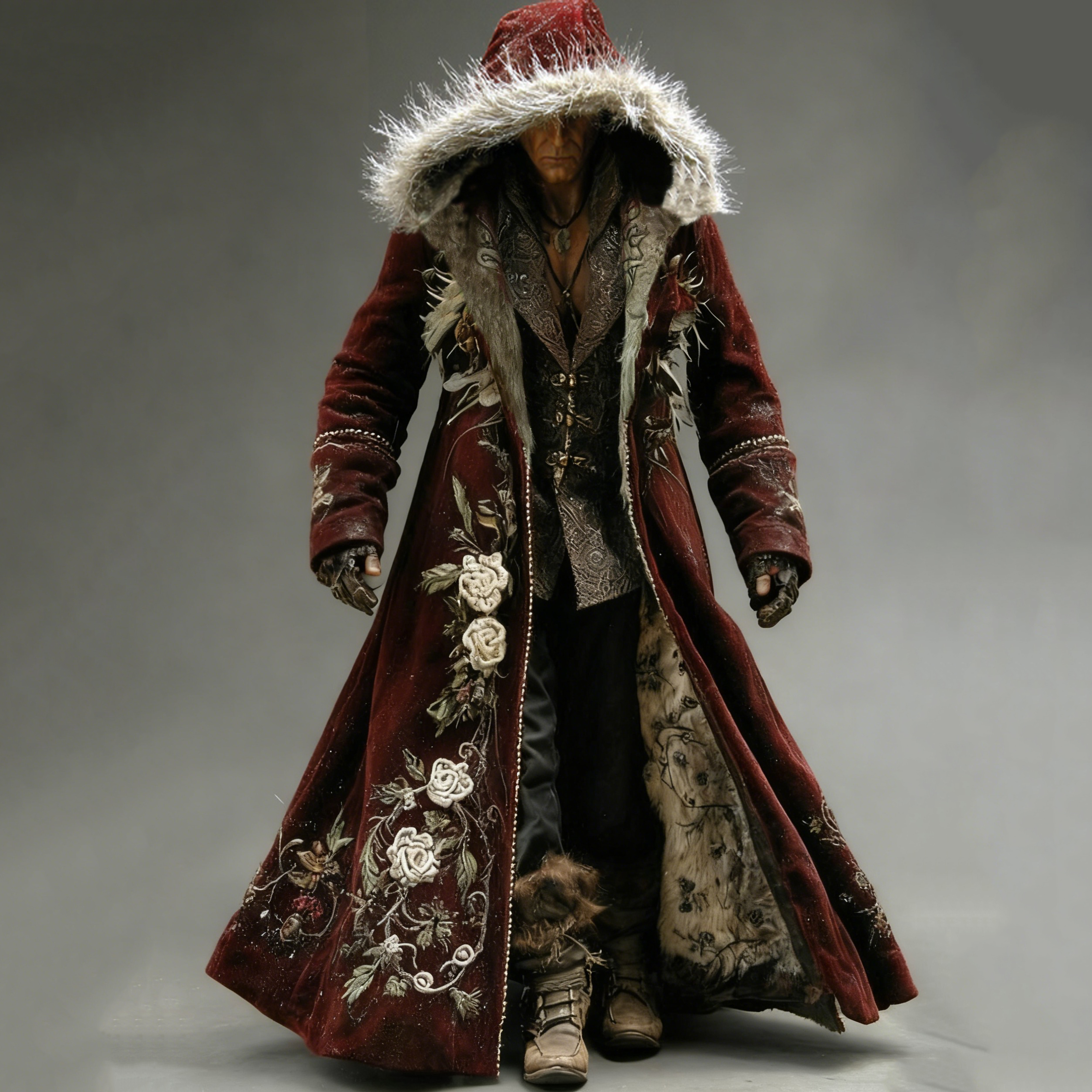 Men's Christmas Floral Print Fur Collar Hooded Knitted Cardigan