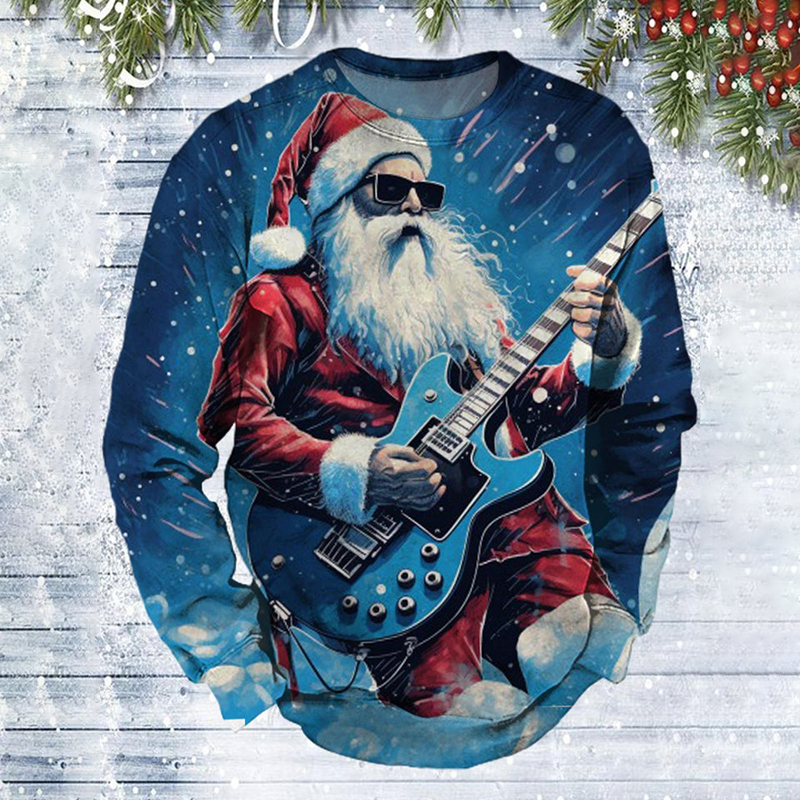 Santa Claus Playing Guitar Print Crew Neck Blue Sweatshirt