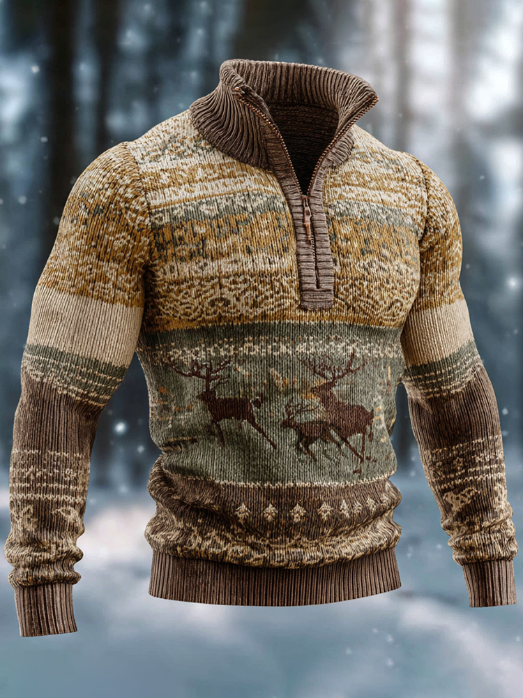 Men's Christmas Deer Art Cozy Knit Half Zipped Sweater