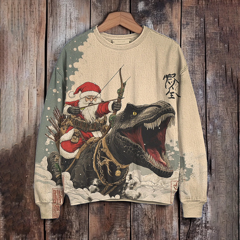 Men's Santa Claus Riding A Dinosaur And Shooting Arrows Art Print Sweatshirt