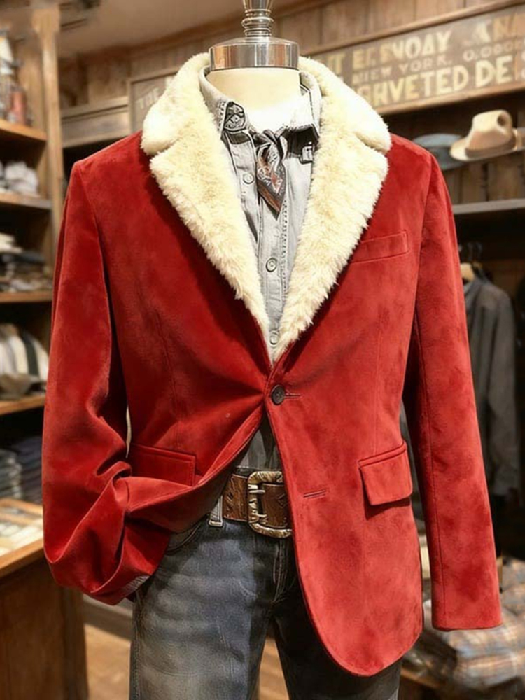 Men's Christmas Solid Color Fur Collar Printed Blazer