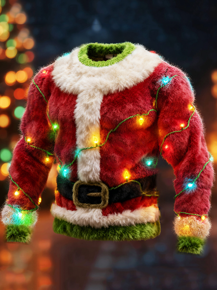 Men's Christmas Lights Muscular Santa Monster Cozy Plush Sweatshirt