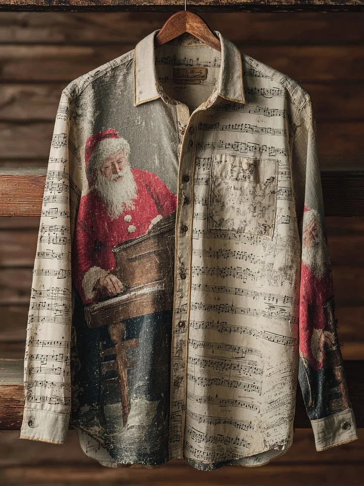 Vintage Men's Colorblock Plaid Retro Musical Christmas Print Pocket Long Sleeve Shirt
