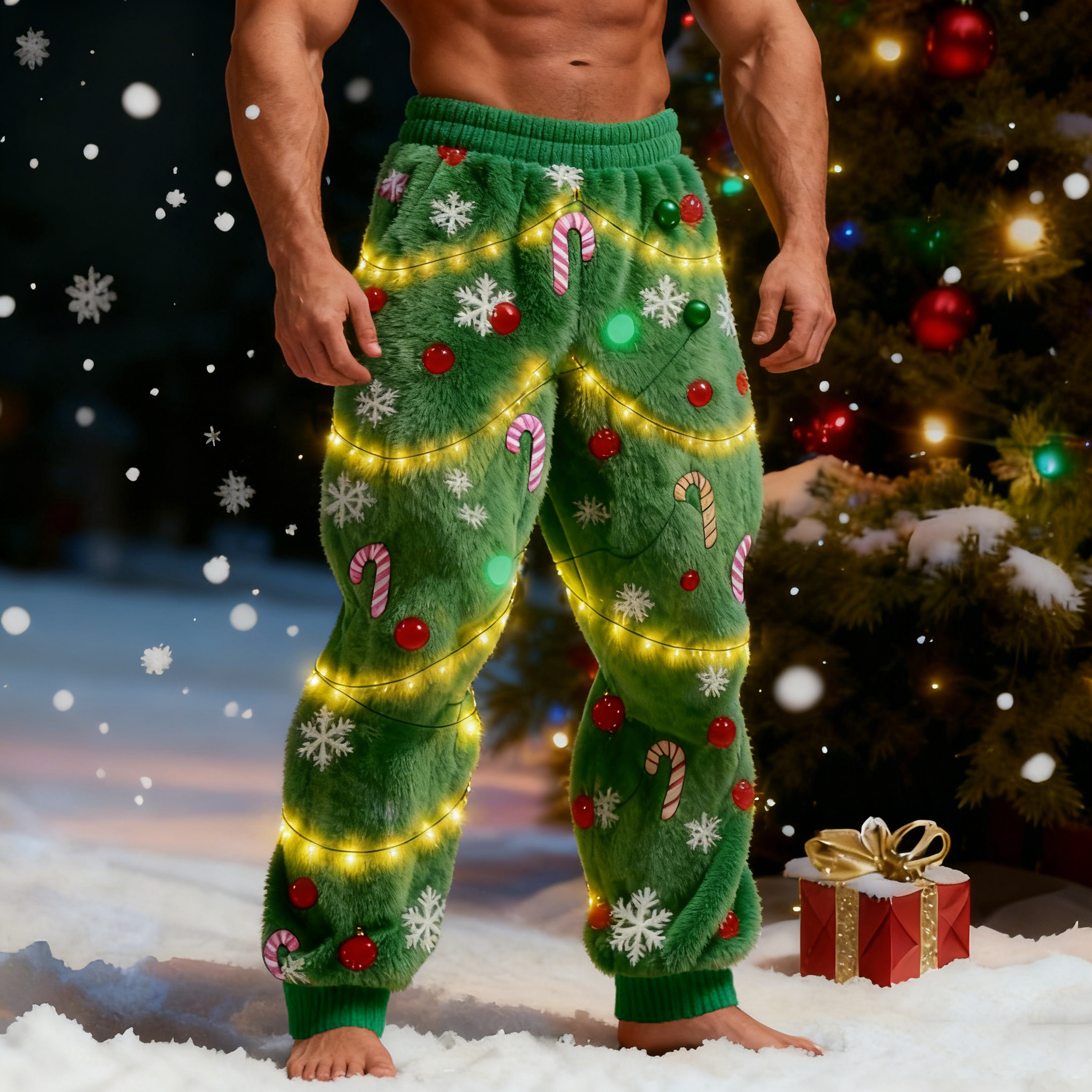 Men's Christmas Tree Lights Cosplay Plush Casual Pants