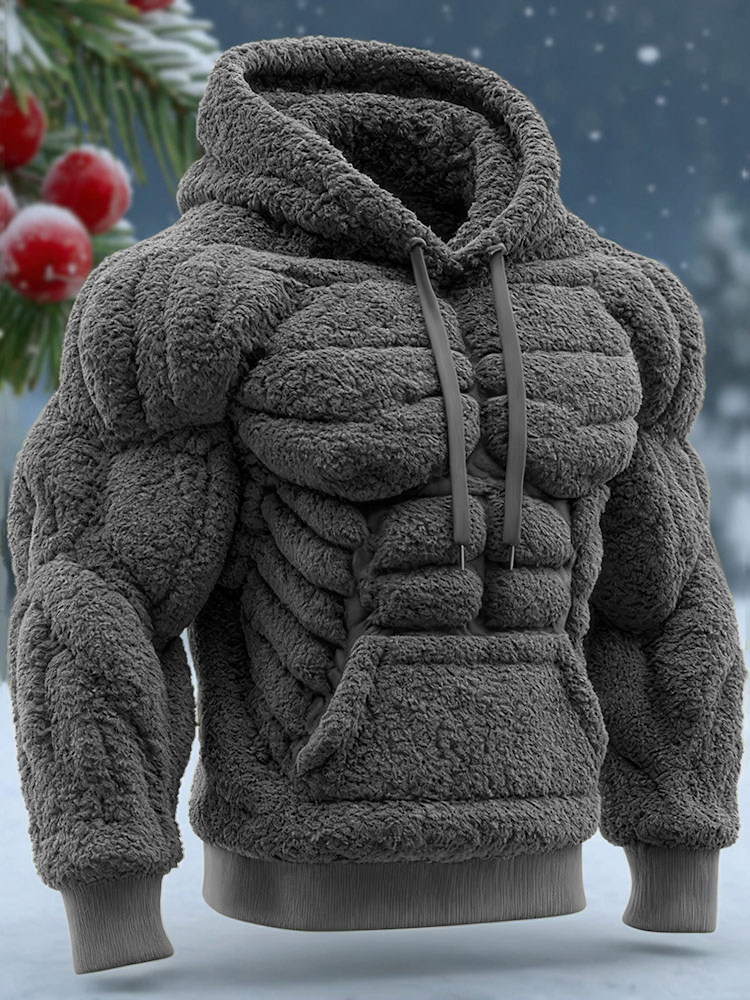 Men's Vintage Muscle Line Art Flannel Warm Hooded Sweatshirt