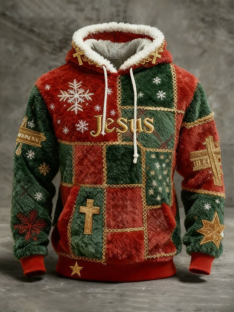 Men's Vintage Christmas Jesus Patchwork Art Print Plush Warm Hoodie