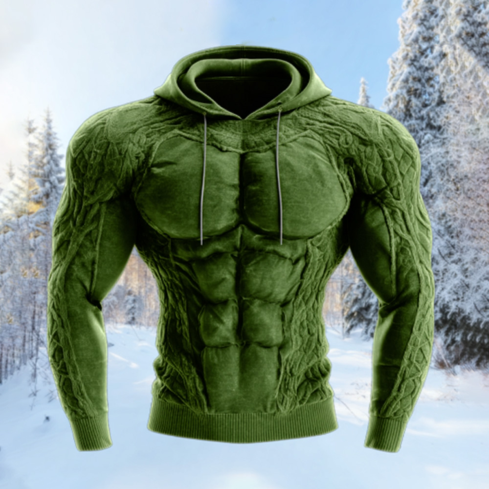 Men's Vintage Muscle Line Art Flannel Warm Cozy Hooded Sweatshirt