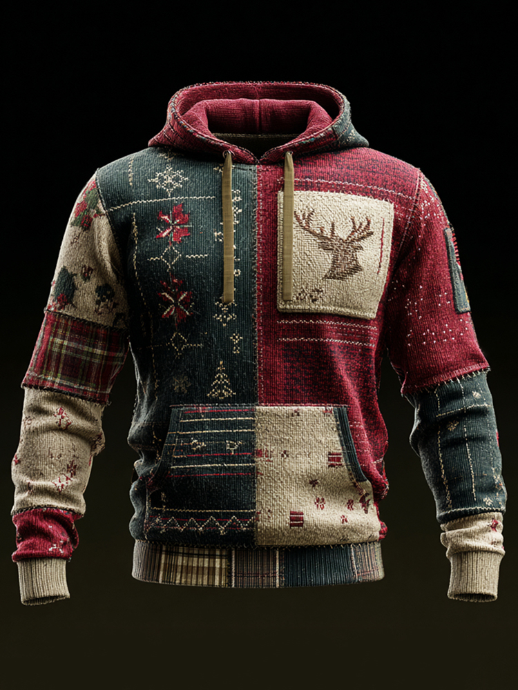 Vintage Christmas Reindeer Plaid Patchwork Hooded Sweater
