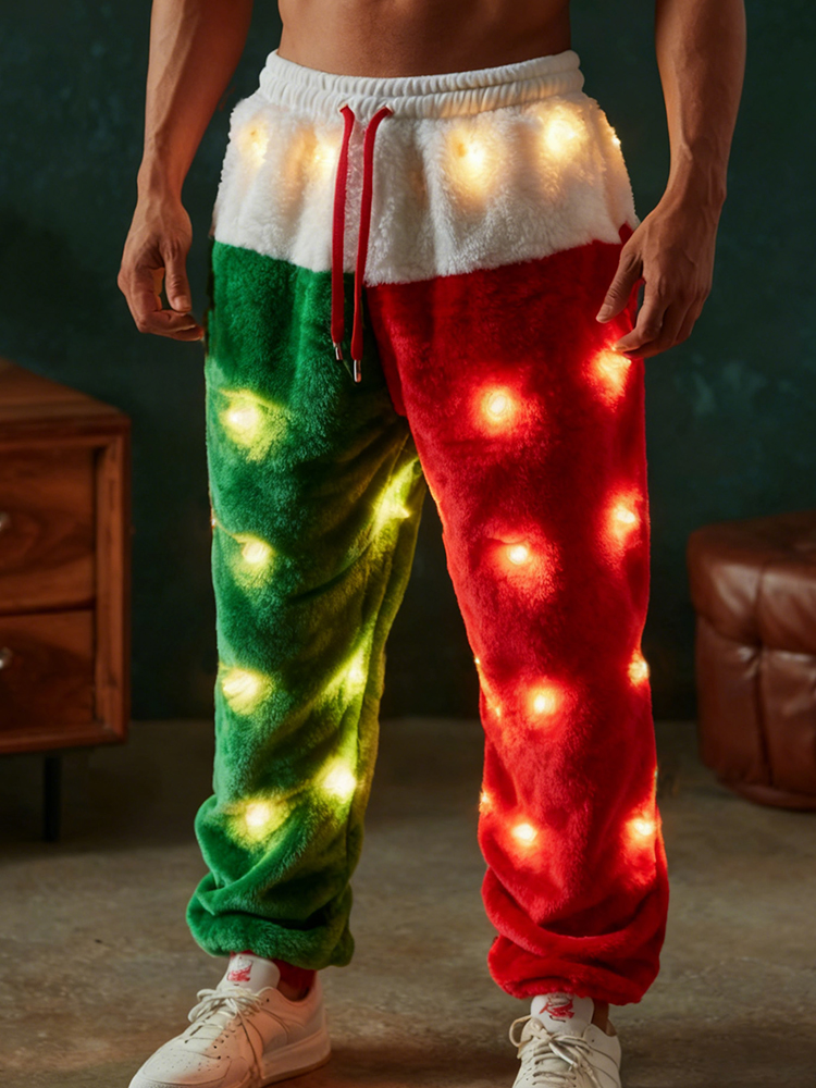 Men's Fun Christmas Lights Color Block Comfortable Plush Sweatpants