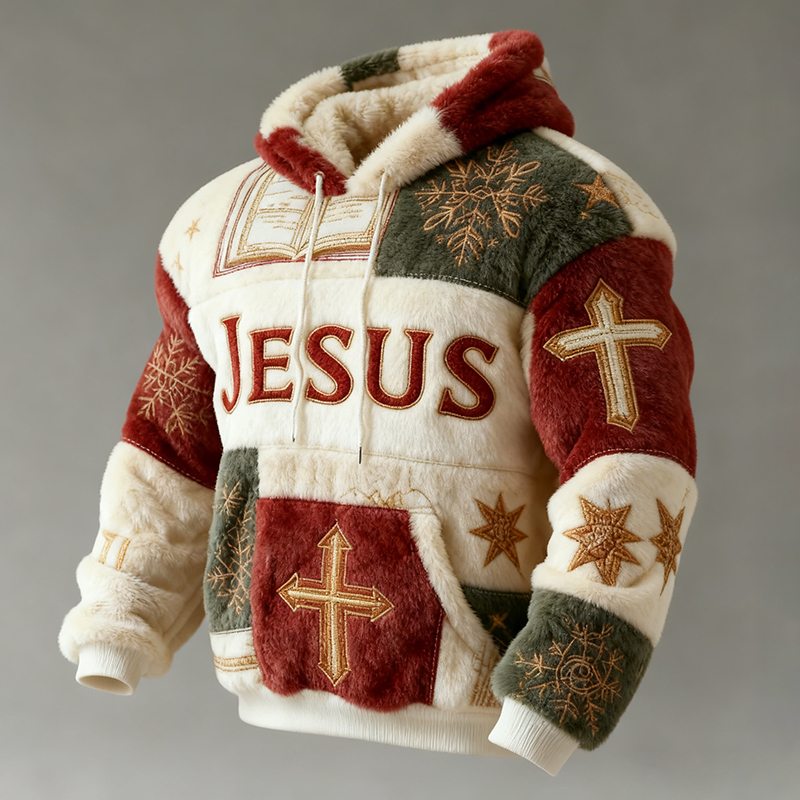 Men's Christmas Jesus Patchwork Print Plush Warm Hoodie