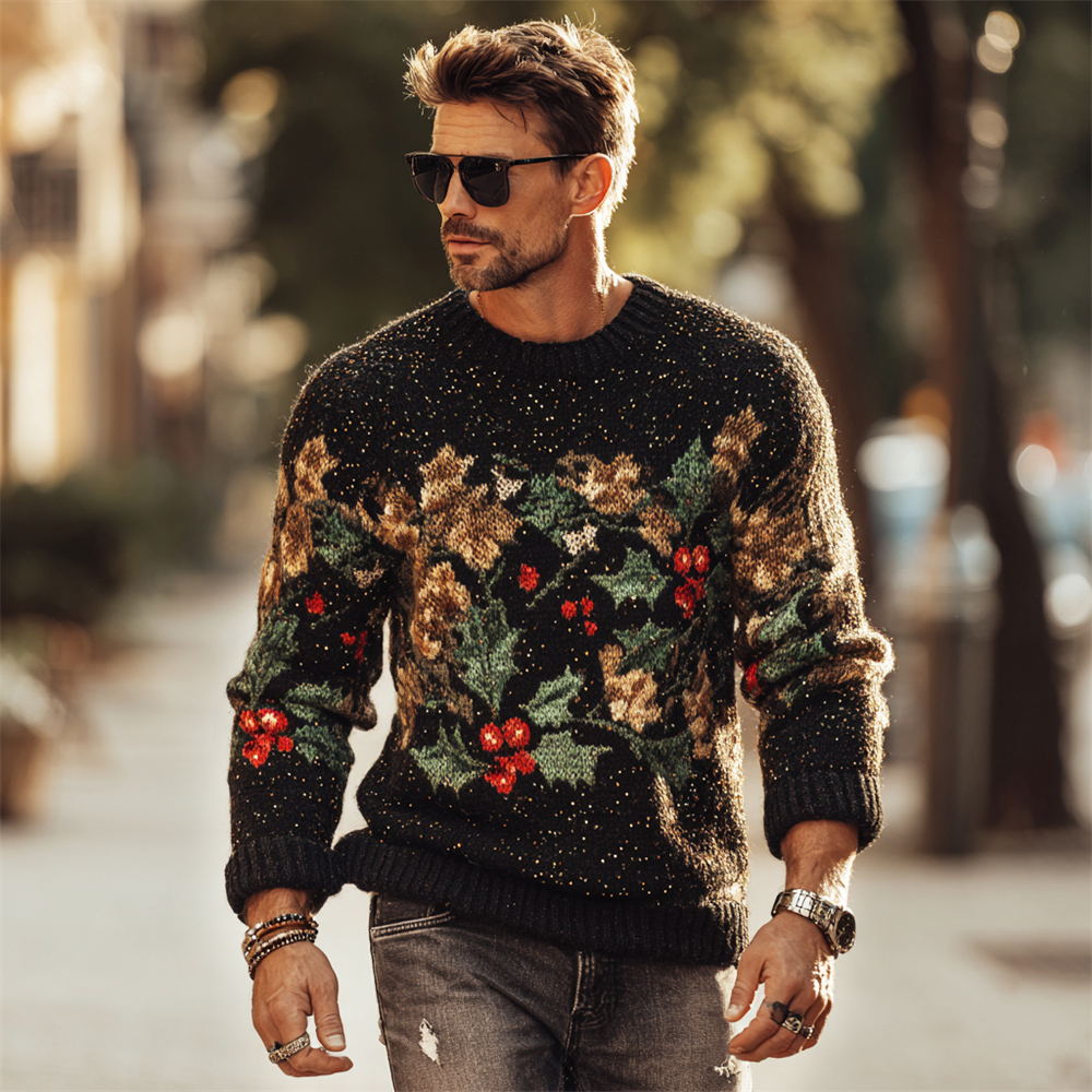 Christmas Holly Leaf Pattern Men's Icelandic Sweater