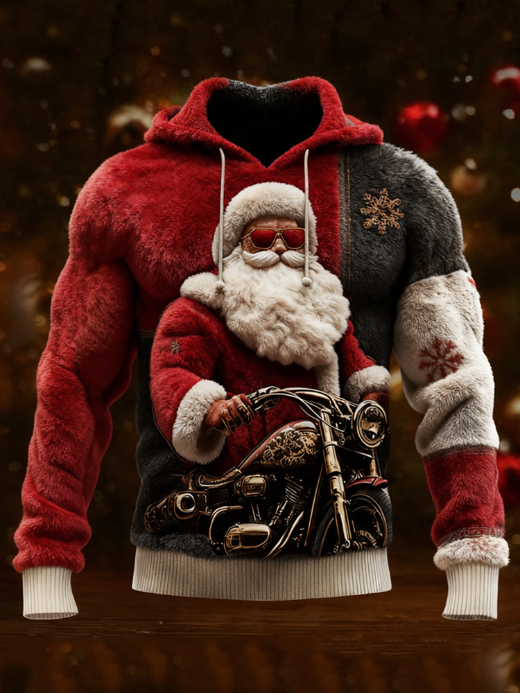 Men's Christmas Santa Claus Motorcycle Colorblock Cozy Plush Hoodie