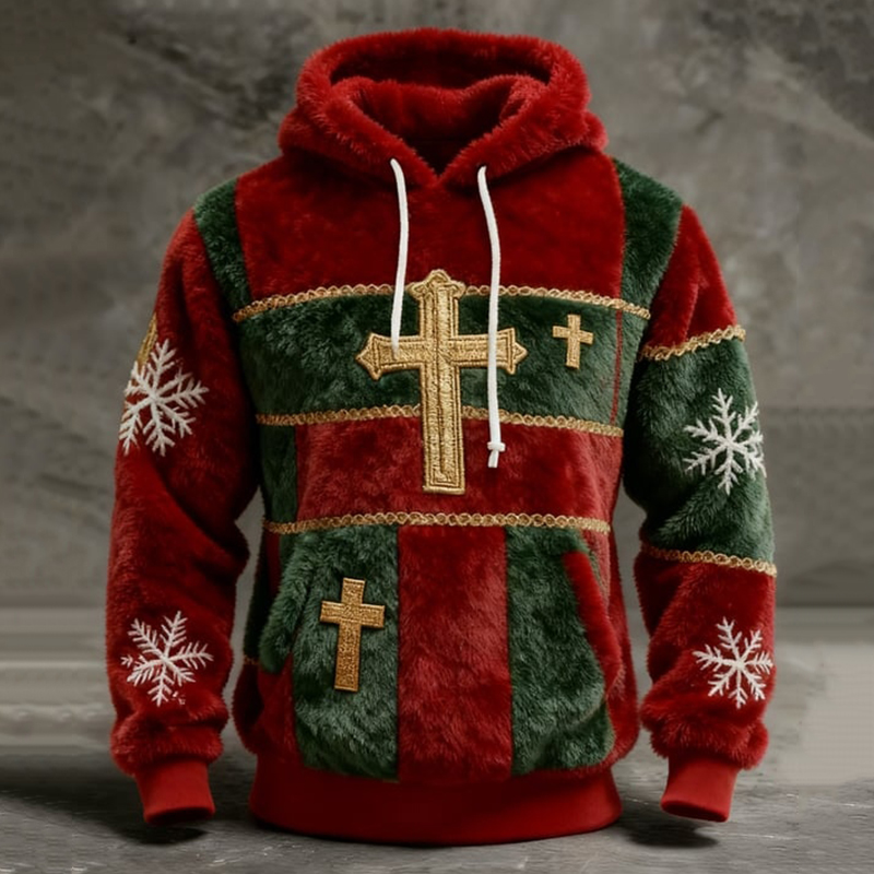 Men's Christmas Cross Patchwork Art Print Plush Warm Hoodie