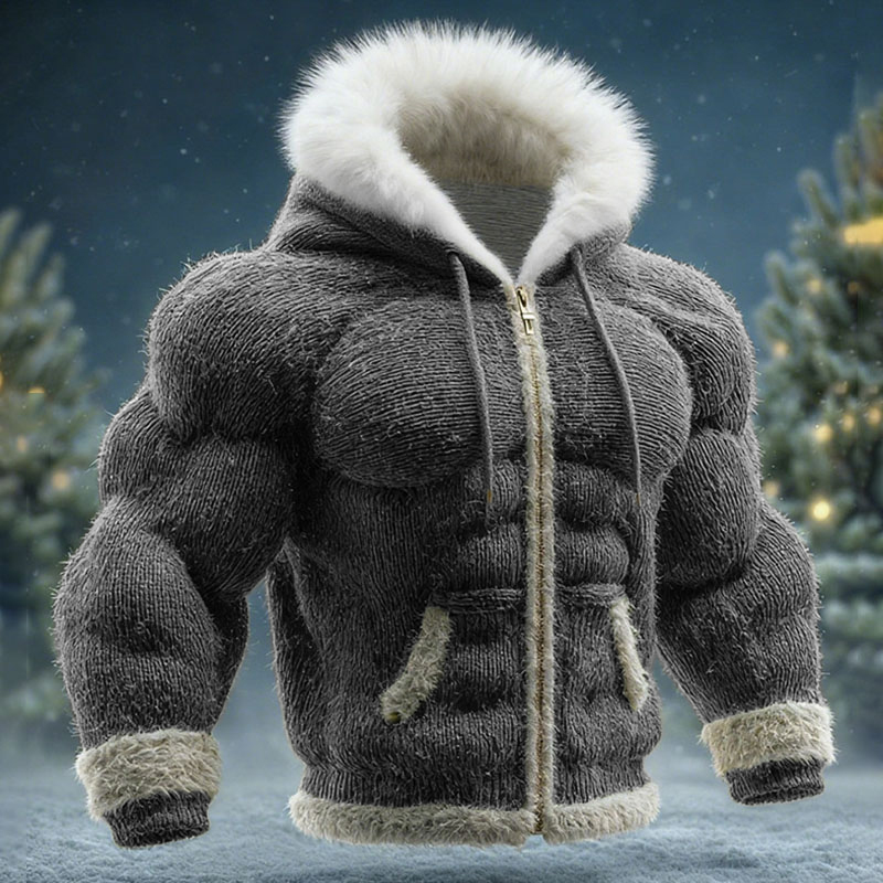 Muscle Line Art Warm Large Fur Collar Zipper Sweater