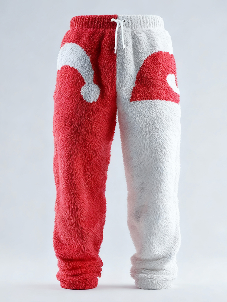 Men's Fun Christmas Hat Color-blocked Comfortable Plush Sweatpants