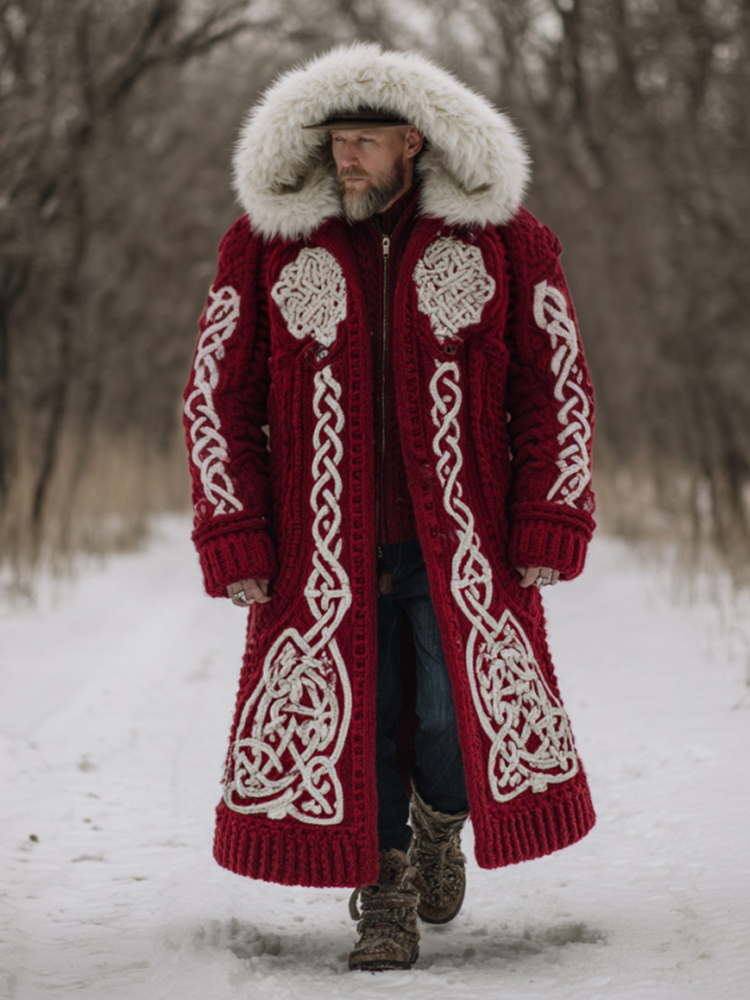 Men's Christmas Santa Celtic Art Mid-length Chunky Knit Cardigan Sweater