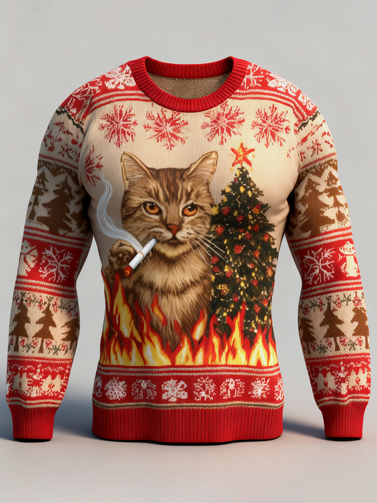 Men's Fun Christmas Tree And Christmas Cat Comfortable Crew Neck Sweater