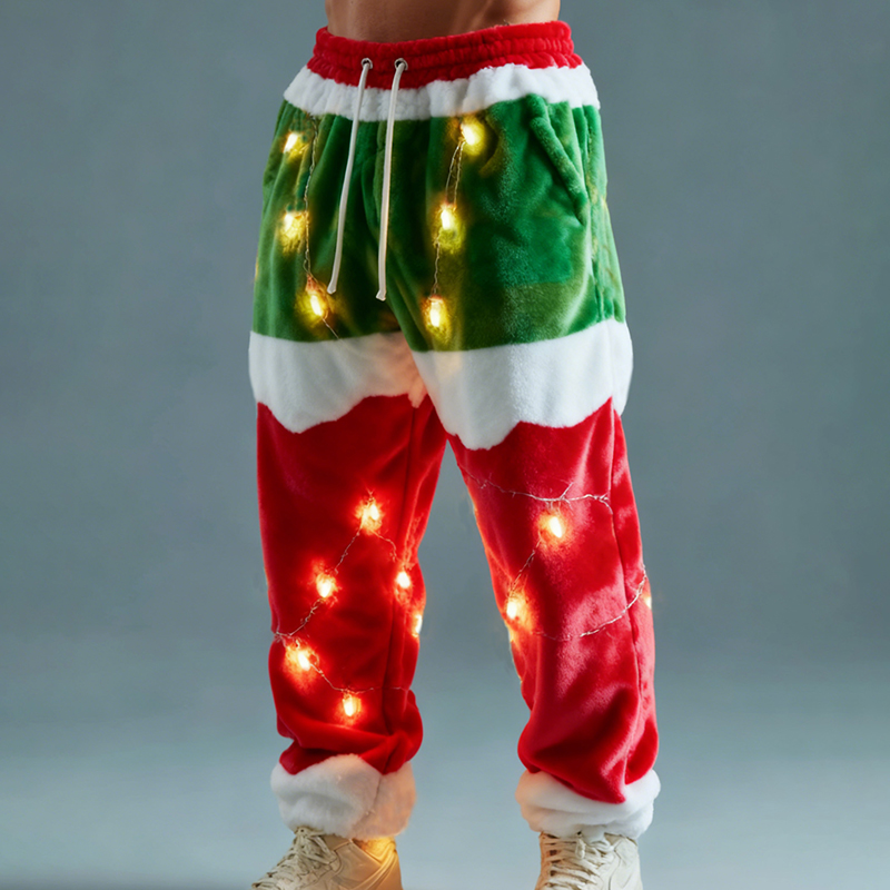 Men's Fun Christmas Lights Color Block Comfortable Plush Sweatpants