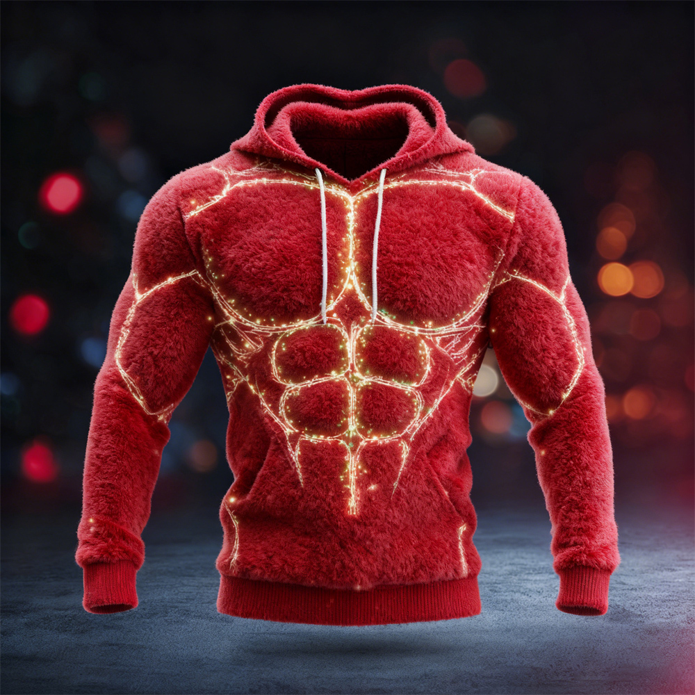Christmas Lights Muscle Design Men's Hooded Flannel Sweatshirt