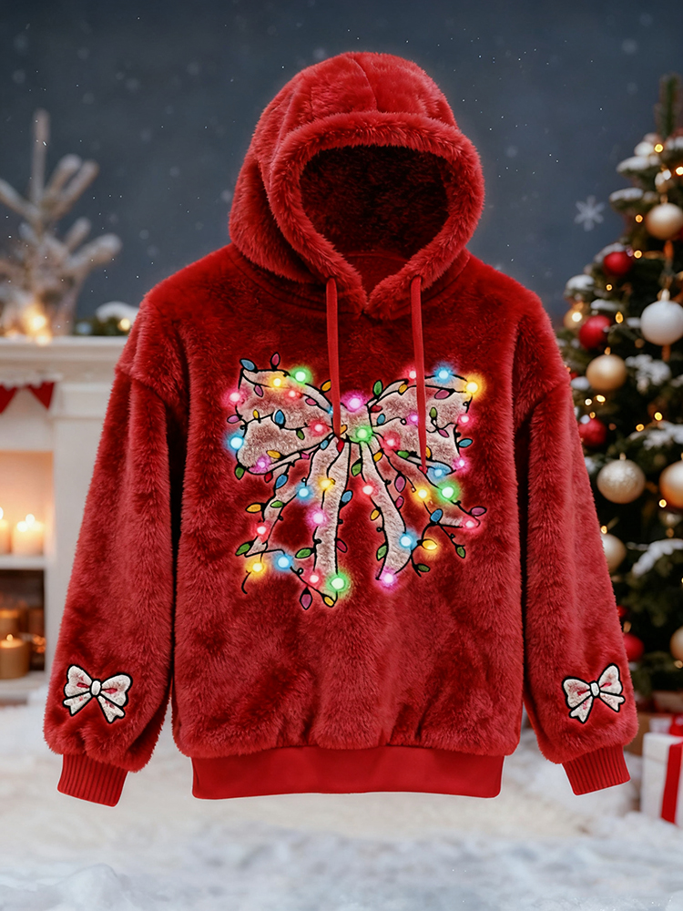 Men's Christmas Lights And Bow Pattern Plush Hoodie