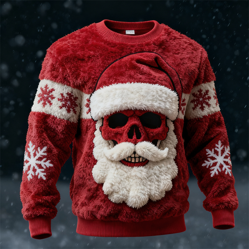 Men's Christmas Santa Claus Skull Snowflakes Cozy Plush Sweatshirt