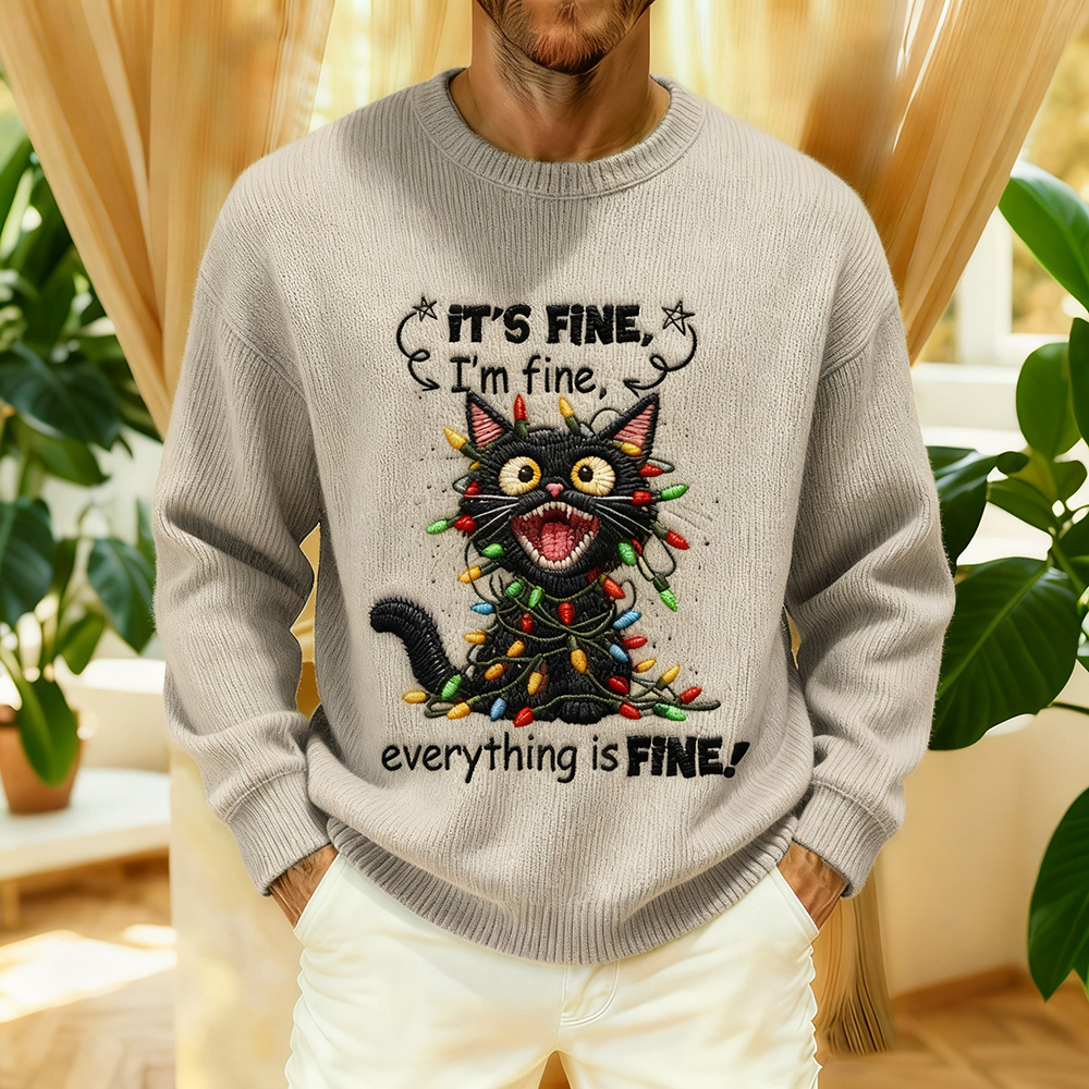 Men's It's Fine Christmas Cat Embroidered Cozy Knit Sweater