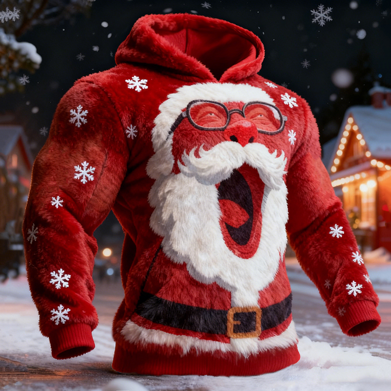 Men's Fun Angry Santa Claus Snowflake Pattern Plush Hoodie