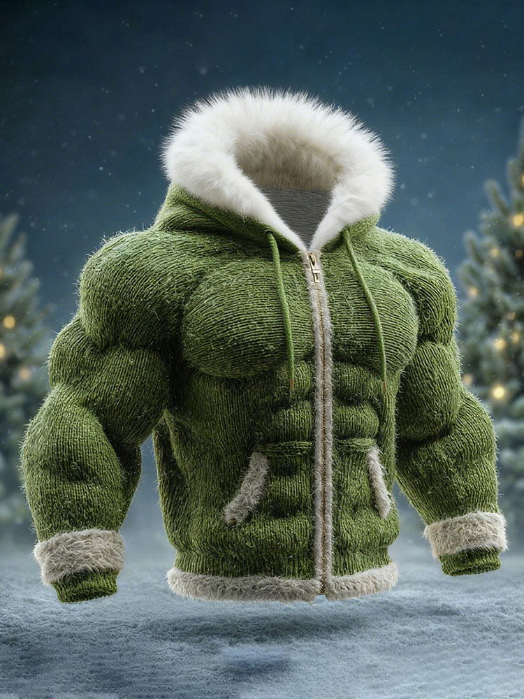 Muscle Line Art Warm Large Fur Collar Zipper Sweater