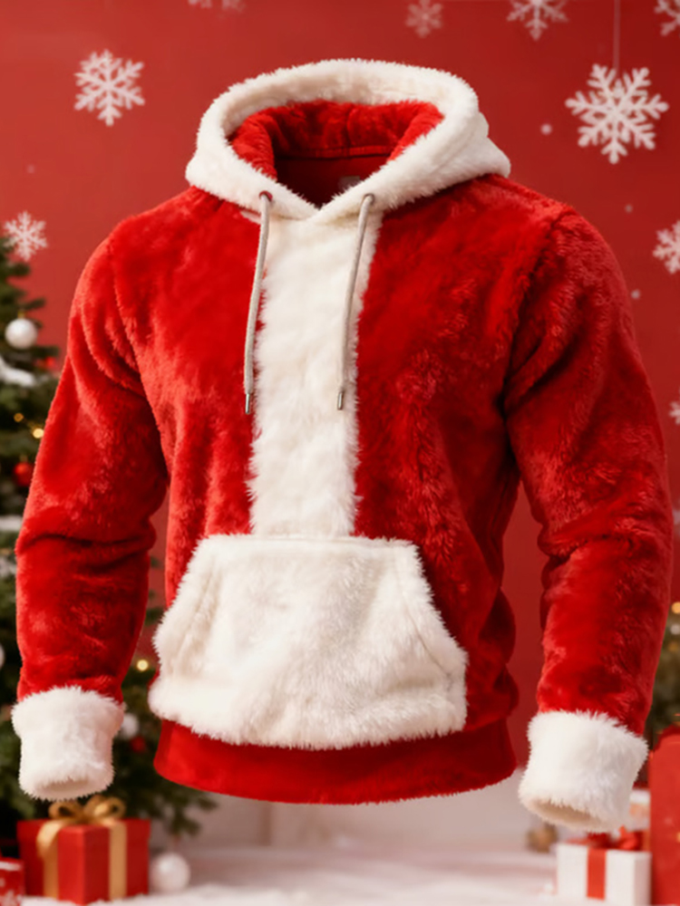 Christmas Santa Patchwork Plush Men's Hooded Flannel Sweatshirt
