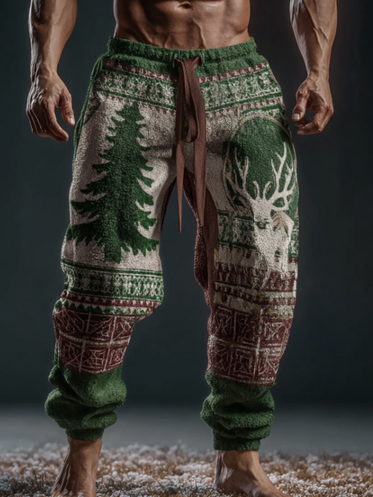 Men's Retro Christmas Reindeer Print Flannel Long Pants