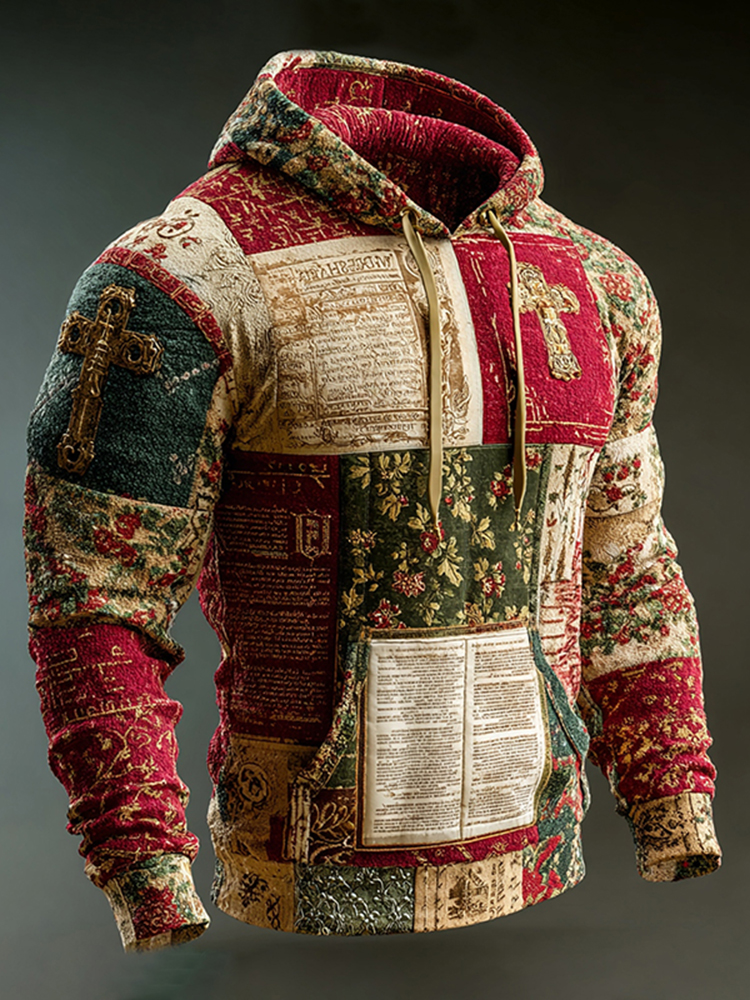 Men's Christmas-themed Holly Cross Embroidered Hoodie