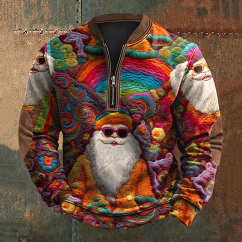 Men's Vintage Santa Print Zip-Up Sweatshirt