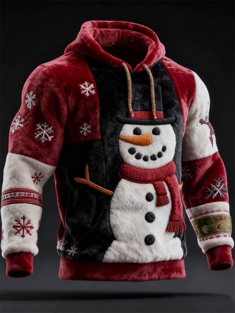 Men's Christmas Snowman Snowflakes Colorblock Cozy Plush Hoodie
