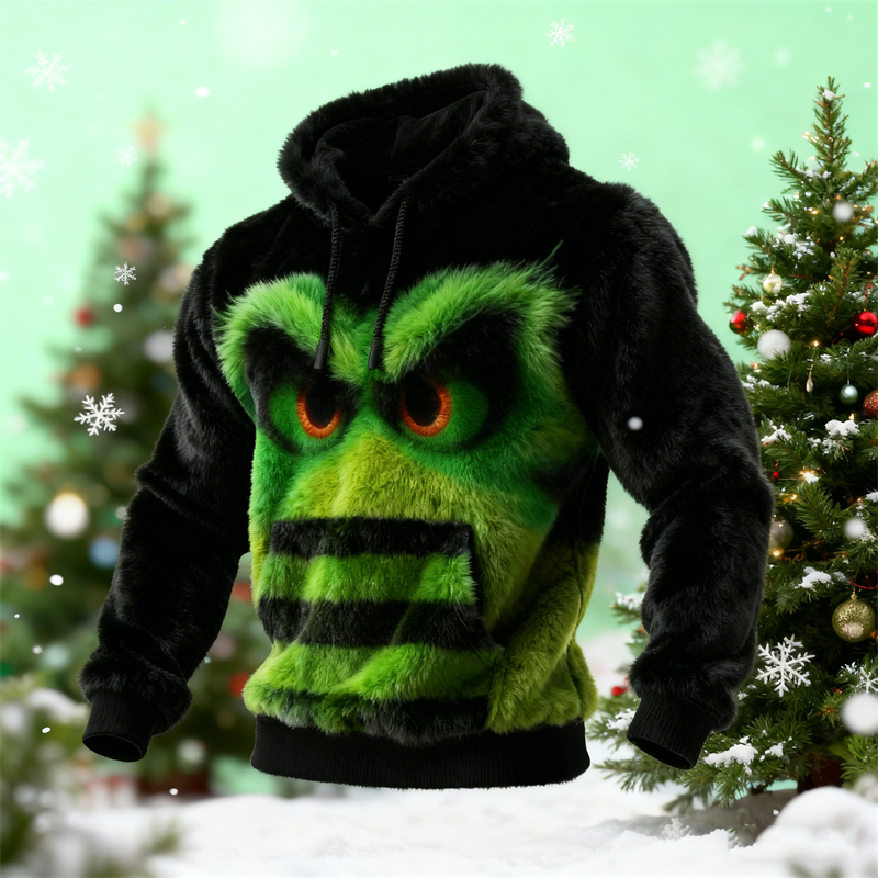Men's Christmas Monster Contrast Color Cozy Plush Hoodie