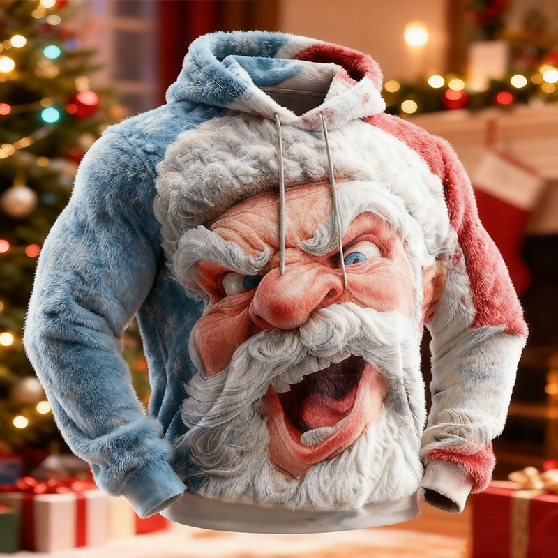 Men's Funny Christmas Santa Claus Pattern Long Sleeve Flannel Hoodie