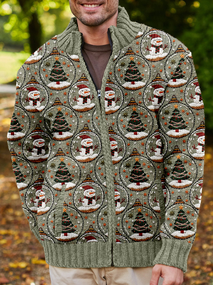 Men's Christmas Ornament Snowman Embroidered Cozy Cardigan