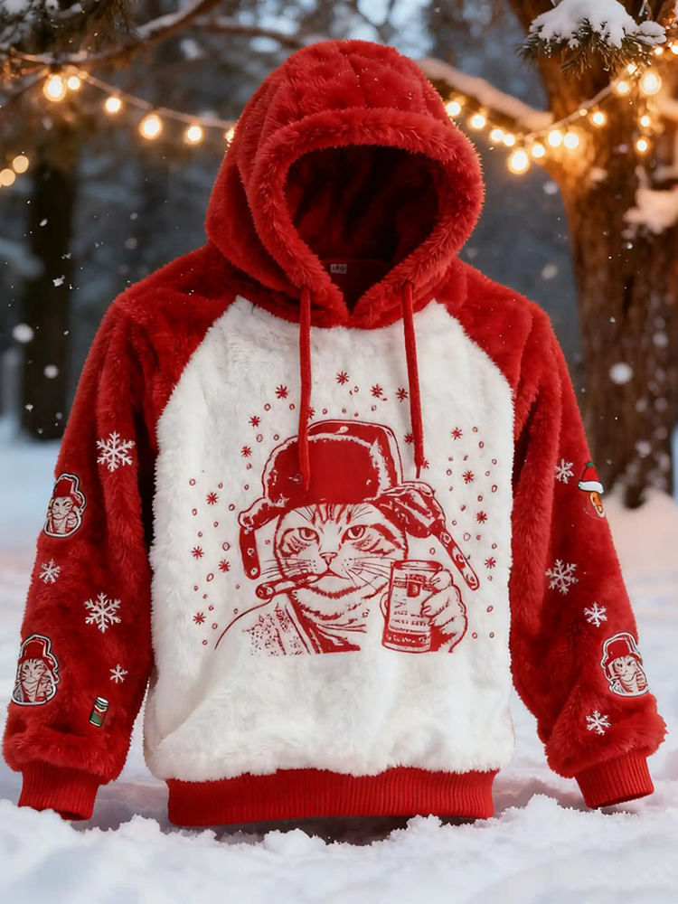Men's Grumpy Cat Pattern Plush Hoodie