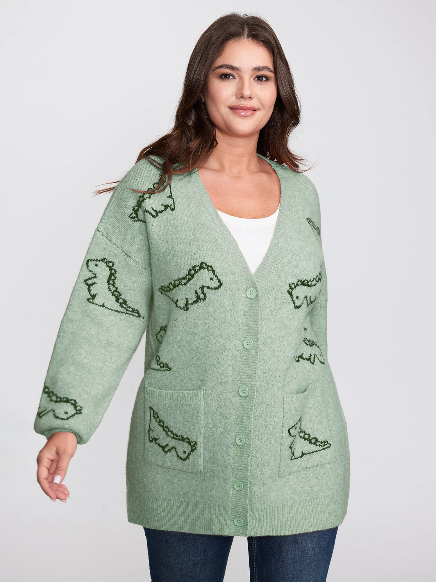 Jacquard Dinosaur Print Knit Cardigan