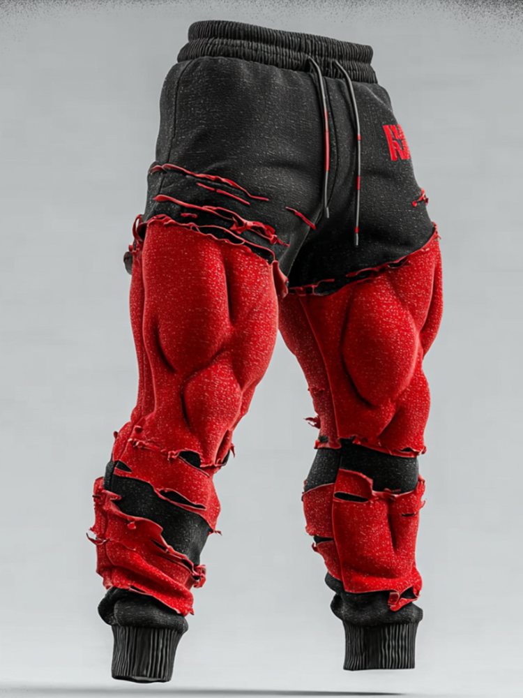 Men's Muscle Line Art Flannel Distressed Warm Pants