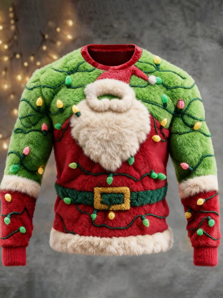 Christmas Lights & Santa Claus Design Men's Flannel Sweater