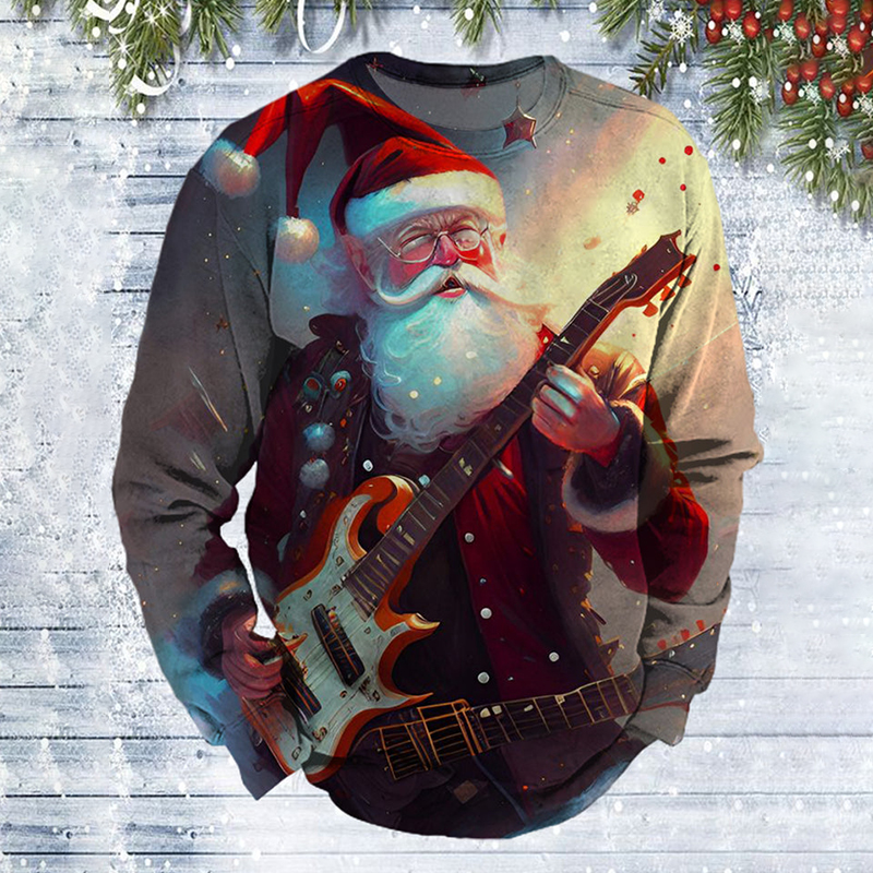 Santa Claus Playing Guitar Print Crew Neck Sweatshirt