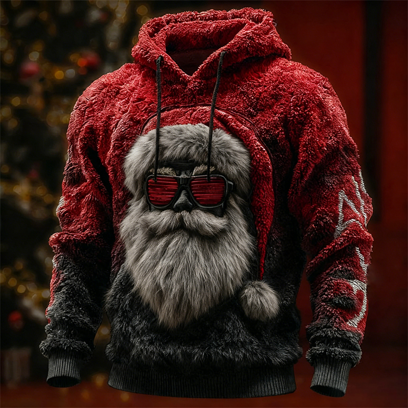 Men's Christmas Rock Style Santa Claus Gradient Cozy Plush Hoodie