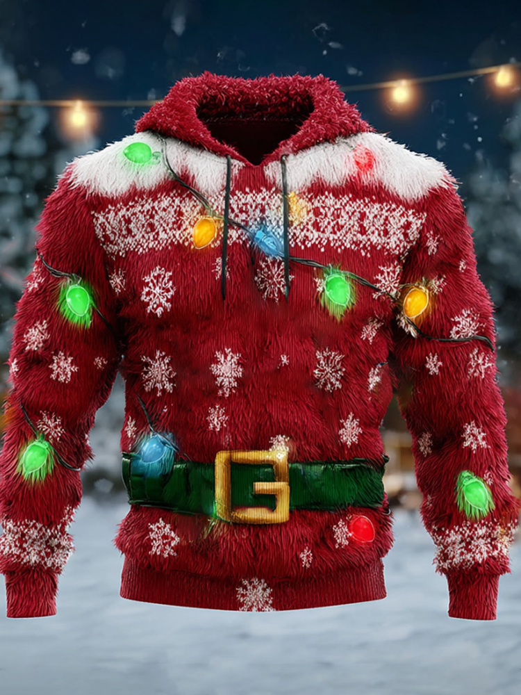 Christmas Snowflake And Colorful Lights Plush Warm Hoodie