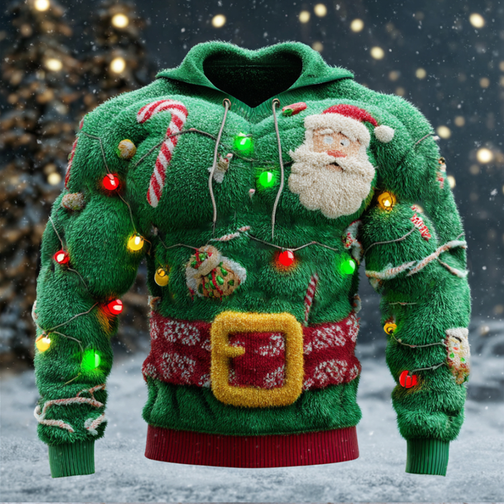 Men's Christmas Santa Claus And Christmas Lights Warm Plush Hoodie