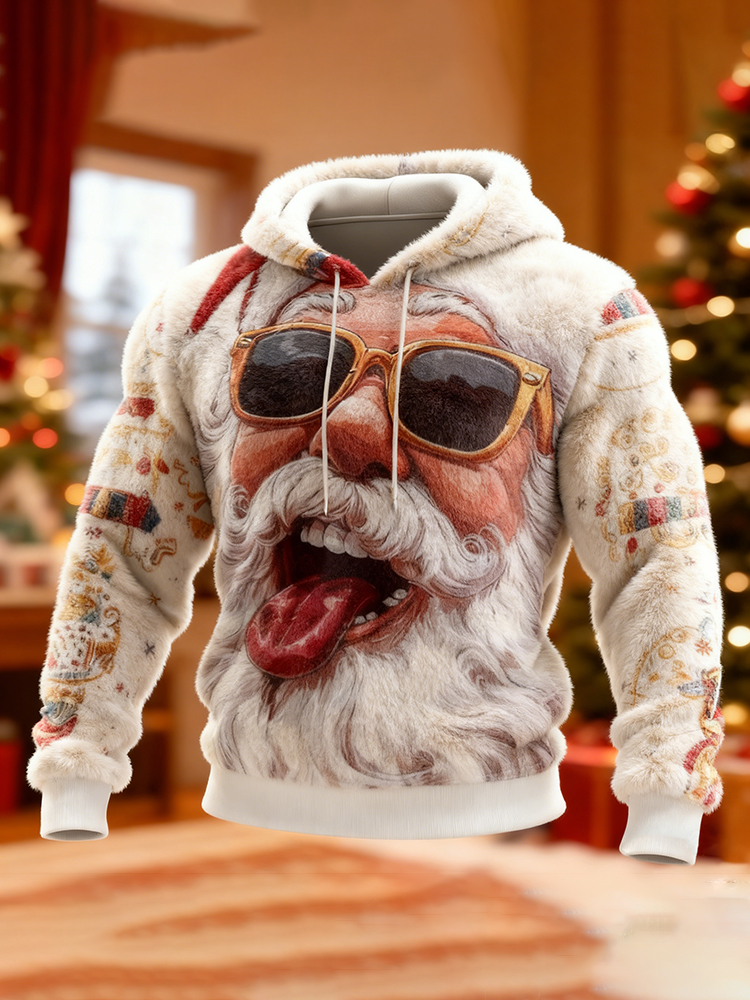 Men's Christmas Santa Claus Pattern Long Sleeve Flannel Hoodie