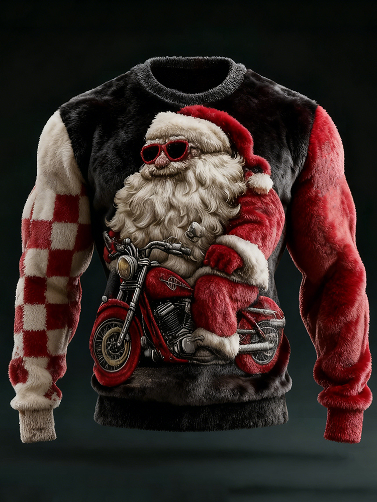 Men's Christmas Motorcycle Santa Claus Contrast Cozy Plush Sweatshirt