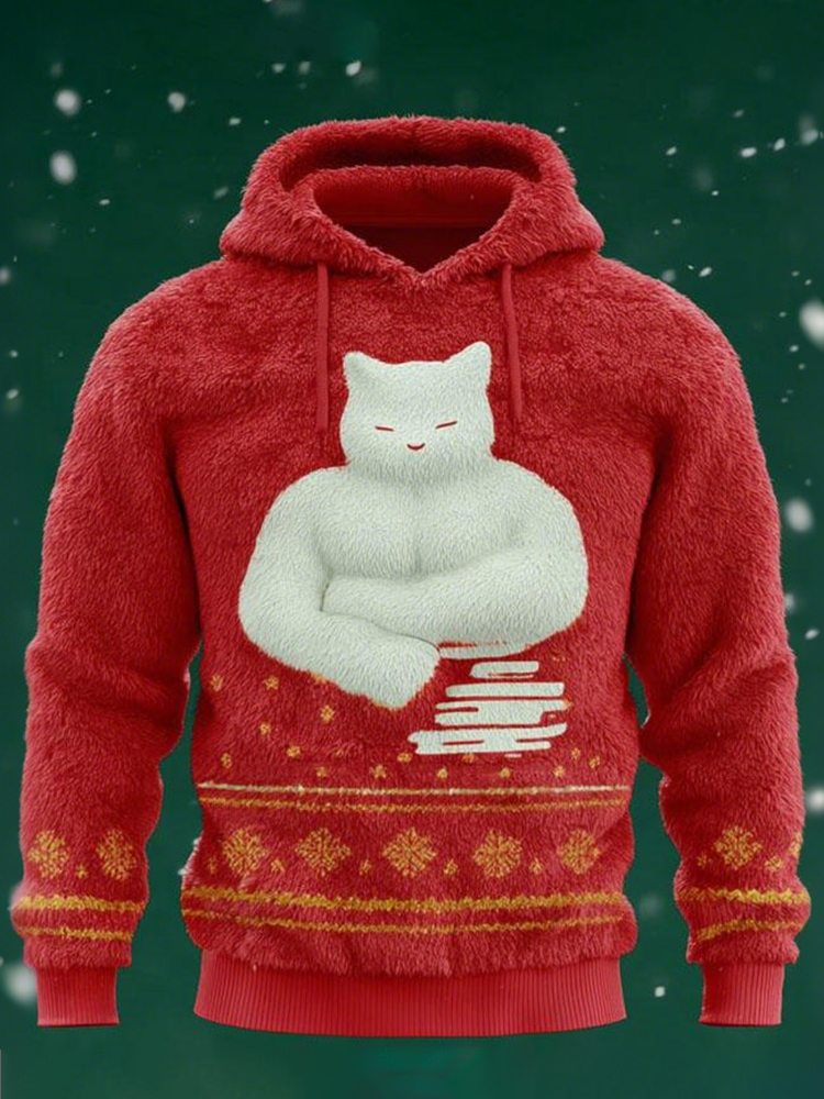 Men's Plush Hoodie With A Grumpy Cat Pattern