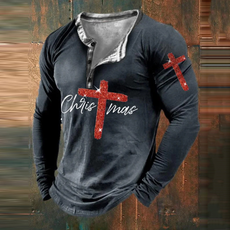 Men's  Christmas Cross Art Print Long Sleeve T-Shirt
