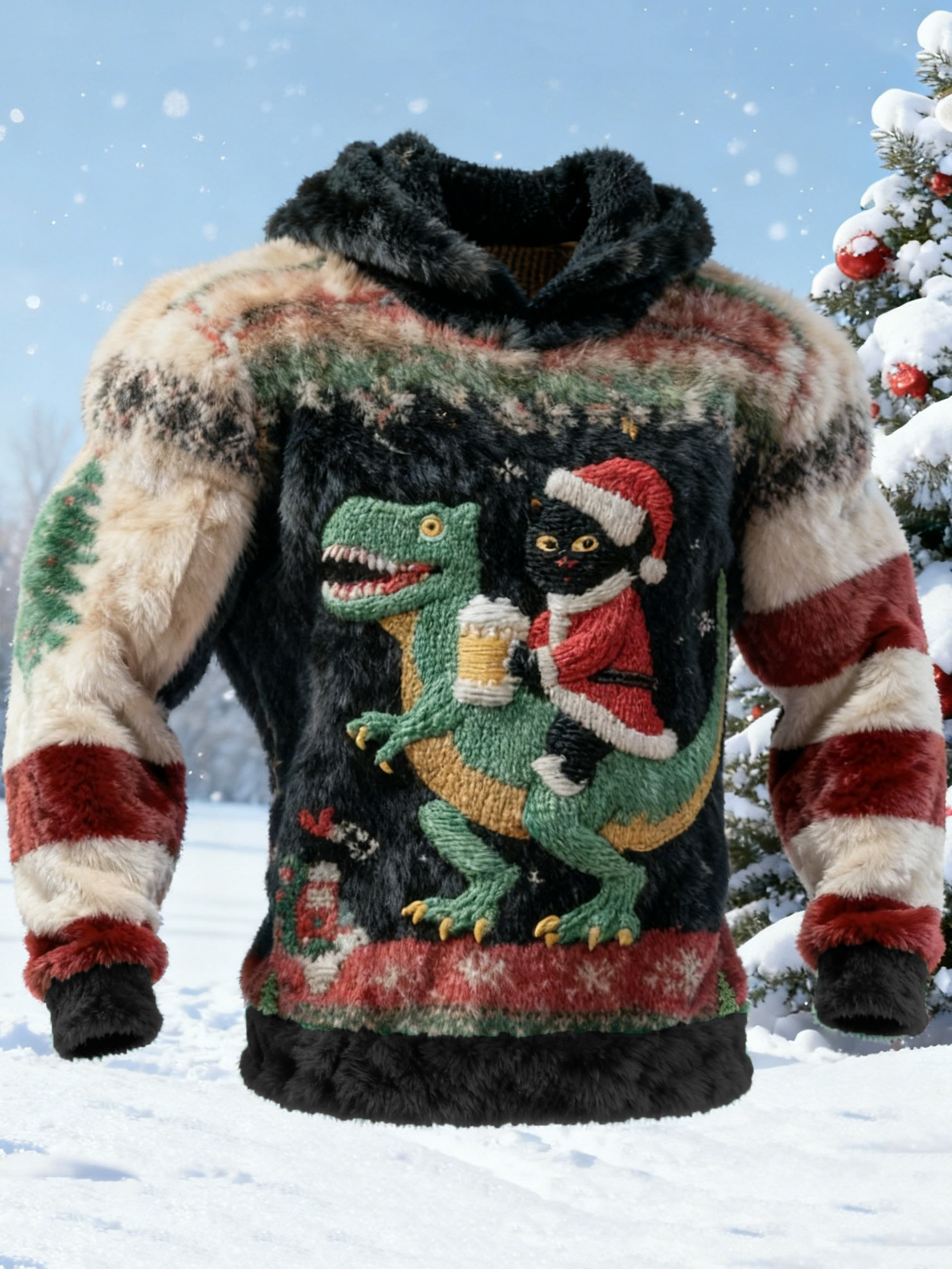 Men's Fun Christmas Cat And Dinosaur Plush Hoodie